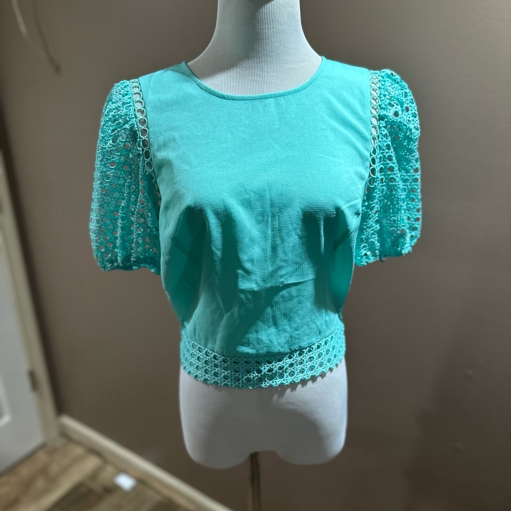 Blue and Green Puff Sleeve Crop Blouse
